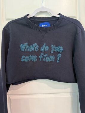 Joules Cropped Sweatshirt “Where Do You Come From” Blue L